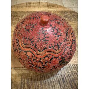 Mexican Handcrafted Decorative Red & Black Lidded Gourd Bowl With Floral & Fish
